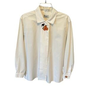 VTG Casey's by Williamsburg Women's Halloween Blouse Sz 14 White Pumpkin FLAW